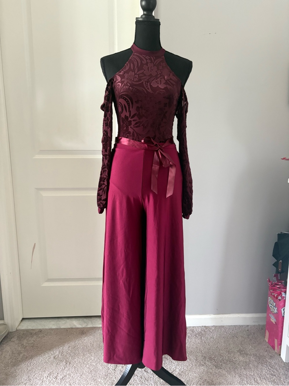 Wish Women's Burgundy Wide-Leg Cold-Shoulder Jumpsuit